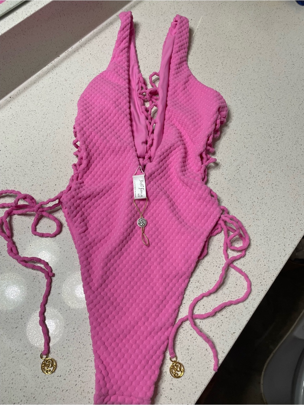 Luli Fama  One Piece Swimsuit, Bubble Pink, MED, NEW with TAGS, luxury, high cut